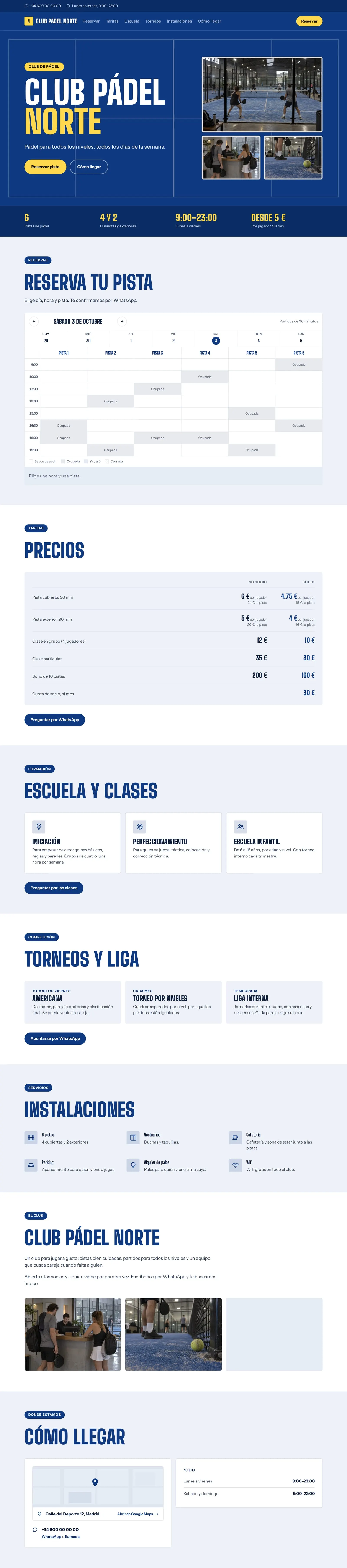 Plantilla Pista de la web de un club: las líneas de la pista dibujadas sobre fondo azul, el nombre del club en letra grande, botones de reservar en mantequilla, fotos del club y sus cifras.